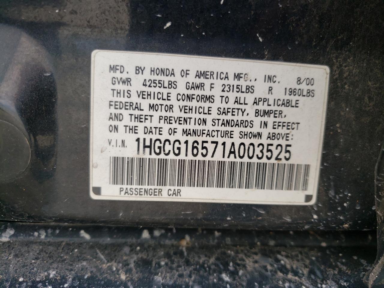 2001 Honda Accord Ex VIN: 1HGCG16571A003525 Lot: 62820884