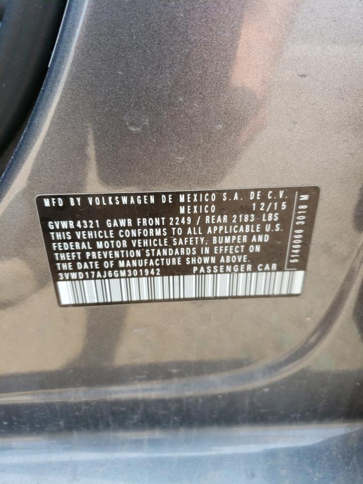 2016 Volkswagen Jetta Sport VIN: 3VWD17AJ6GM301942 Lot: 63833264
