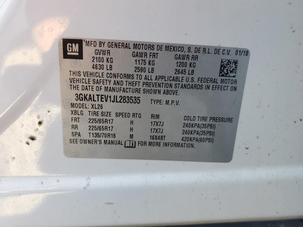 2018 GMC Terrain Sle VIN: 3GKALTEV1JL283535 Lot: 63482084