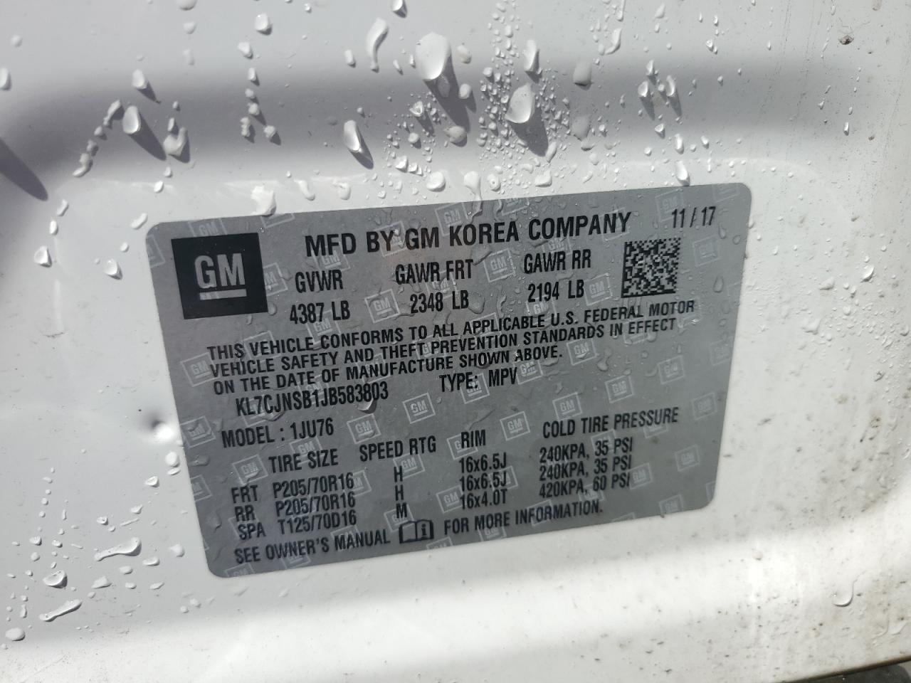 2018 Chevrolet Trax Ls VIN: KL7CJNSB1JB583803 Lot: 62120294