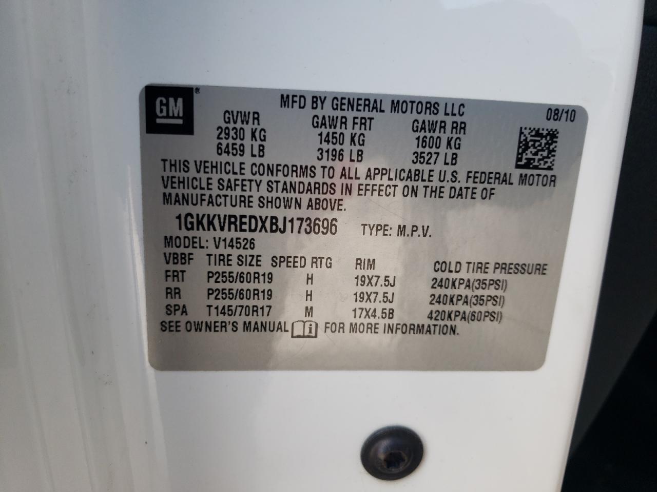 2011 GMC Acadia Slt-1 VIN: 1GKKVREDXBJ173696 Lot: 61747804