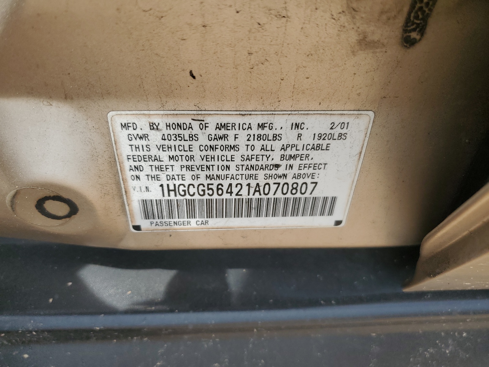 1HGCG56421A070807 2001 Honda Accord Lx