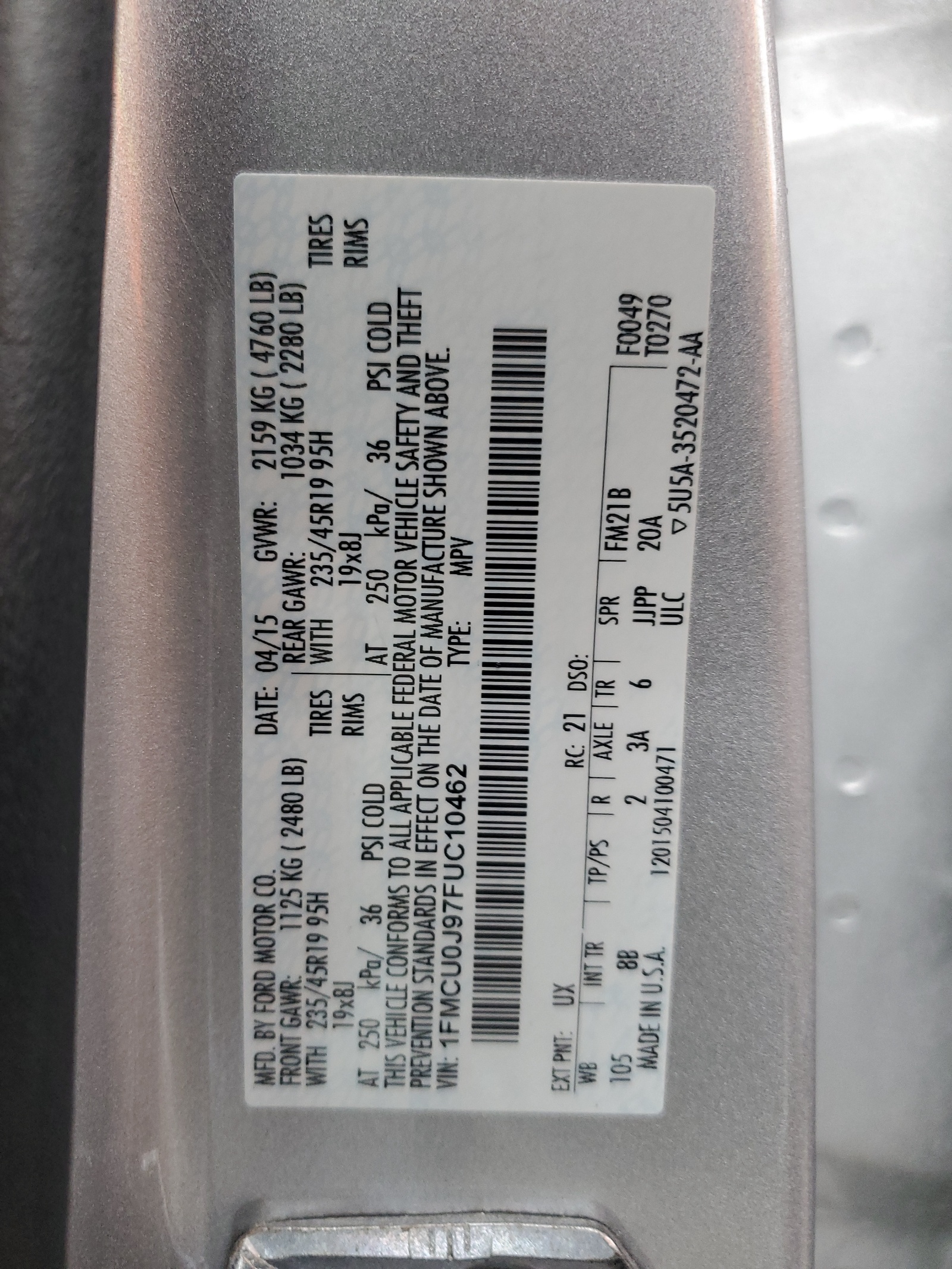 1FMCU0J97FUC10462 2015 Ford Escape Titanium