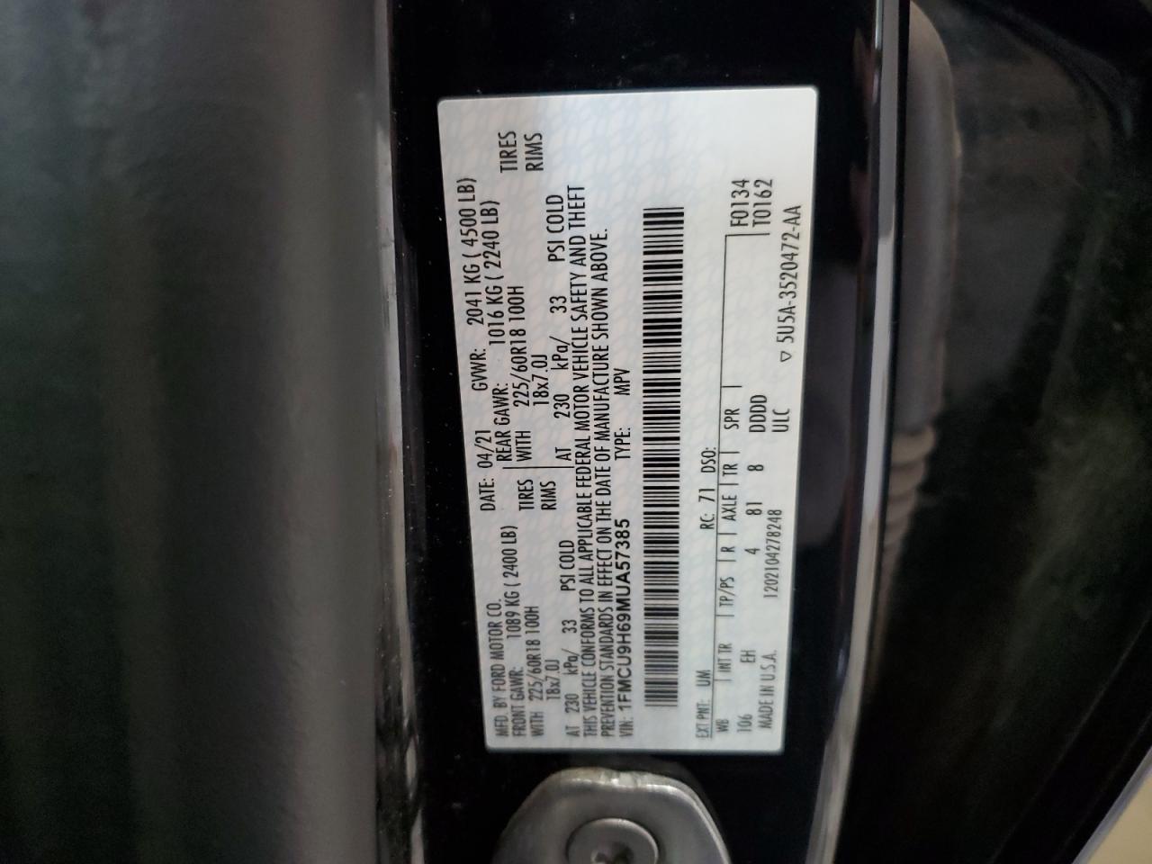 2021 Ford Escape Sel VIN: 1FMCU9H69MUA57385 Lot: 65430104