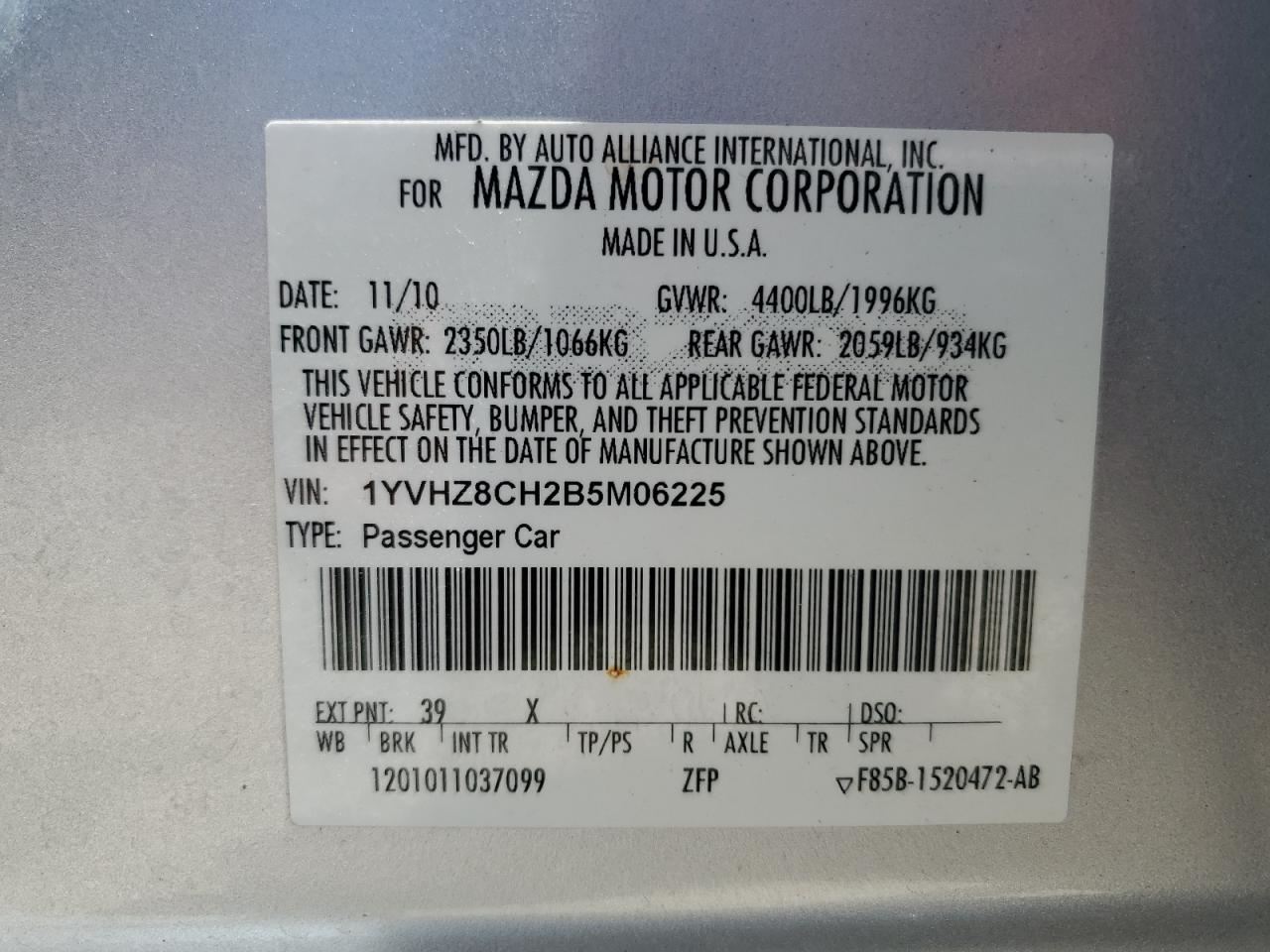 2011 Mazda 6 I VIN: 1YVHZ8CH2B5M06225 Lot: 62928484