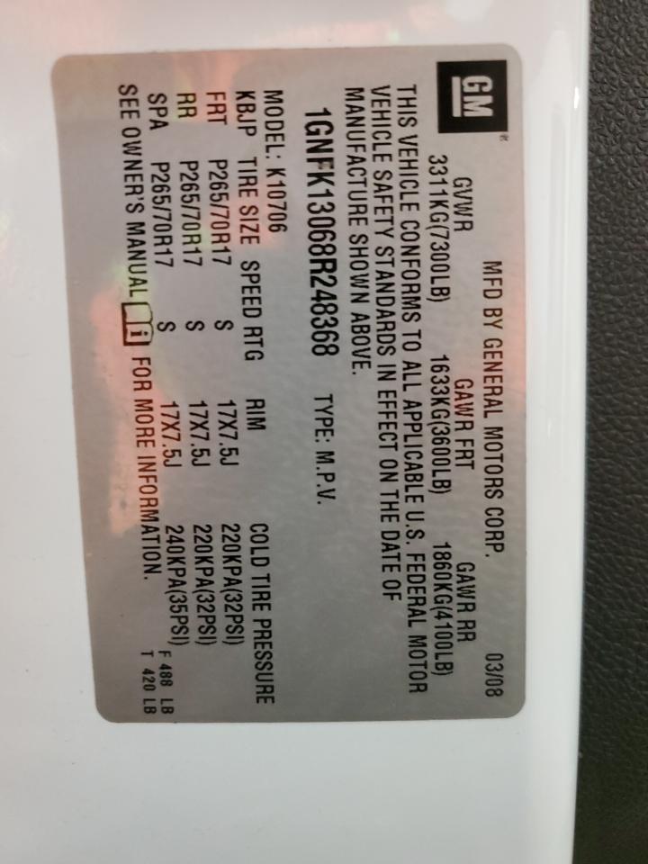 2008 Chevrolet Tahoe K1500 VIN: 1GNFK13068R248368 Lot: 65550124