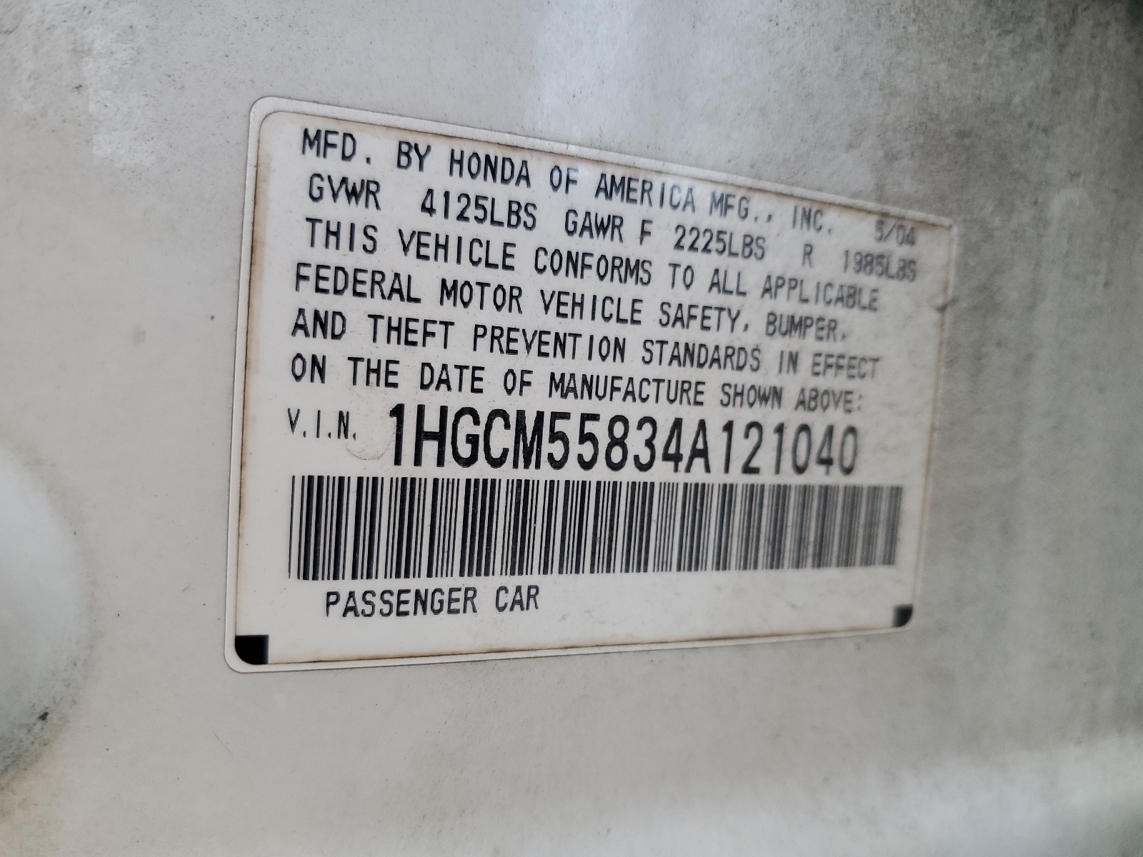 1HGCM55834A121040 2004 Honda Accord Ex