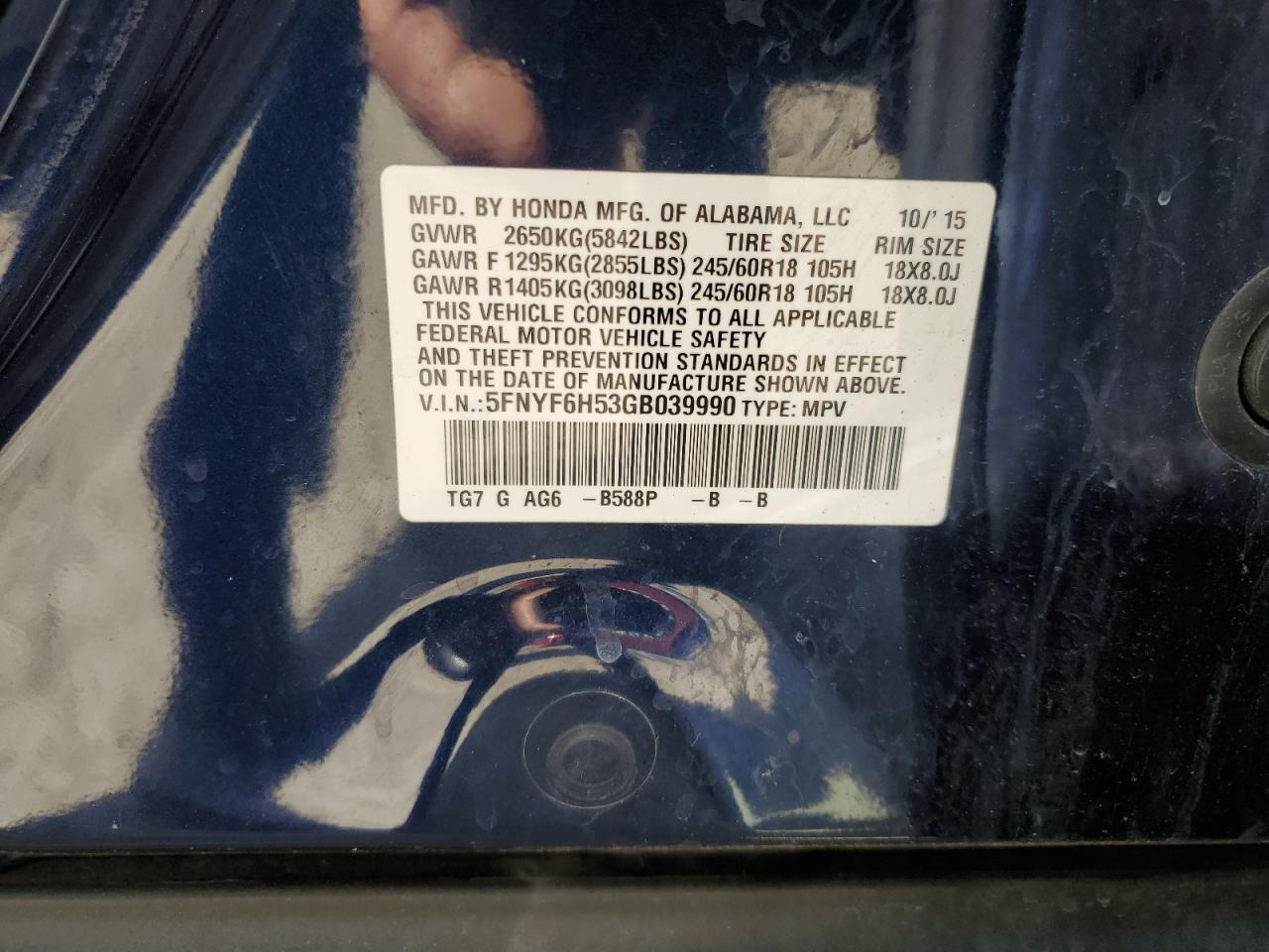 2016 Honda Pilot Exl VIN: 5FNYF6H53GB039990 Lot: 62803104