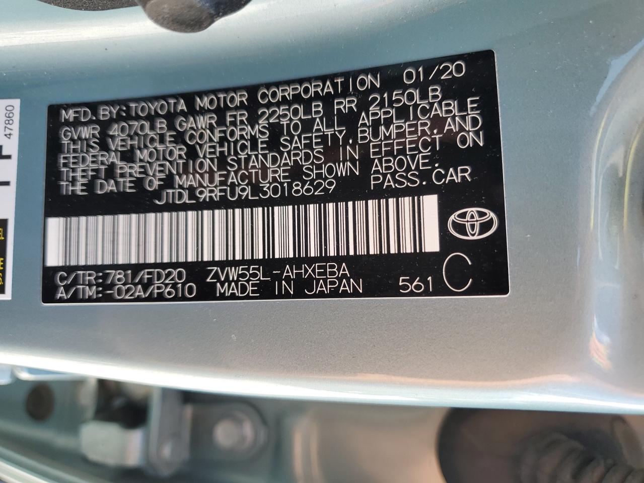 2020 Toyota Prius Le VIN: JTDL9RFU9L3018629 Lot: 62746134