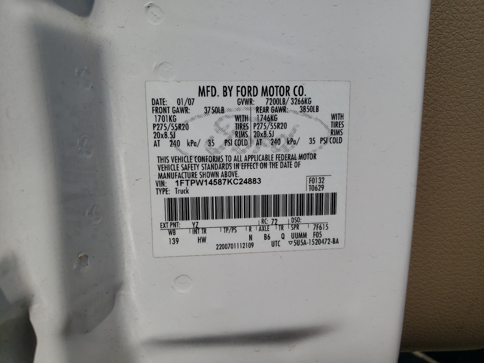 1FTPW14587KC24883 2007 Ford F150 Supercrew