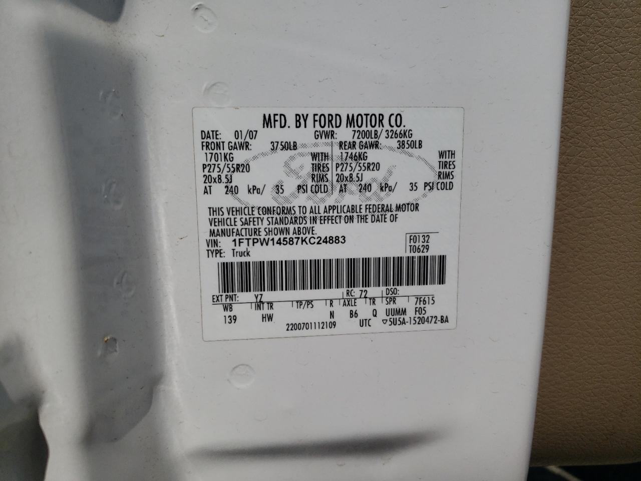2007 Ford F150 Supercrew VIN: 1FTPW14587KC24883 Lot: 64124674