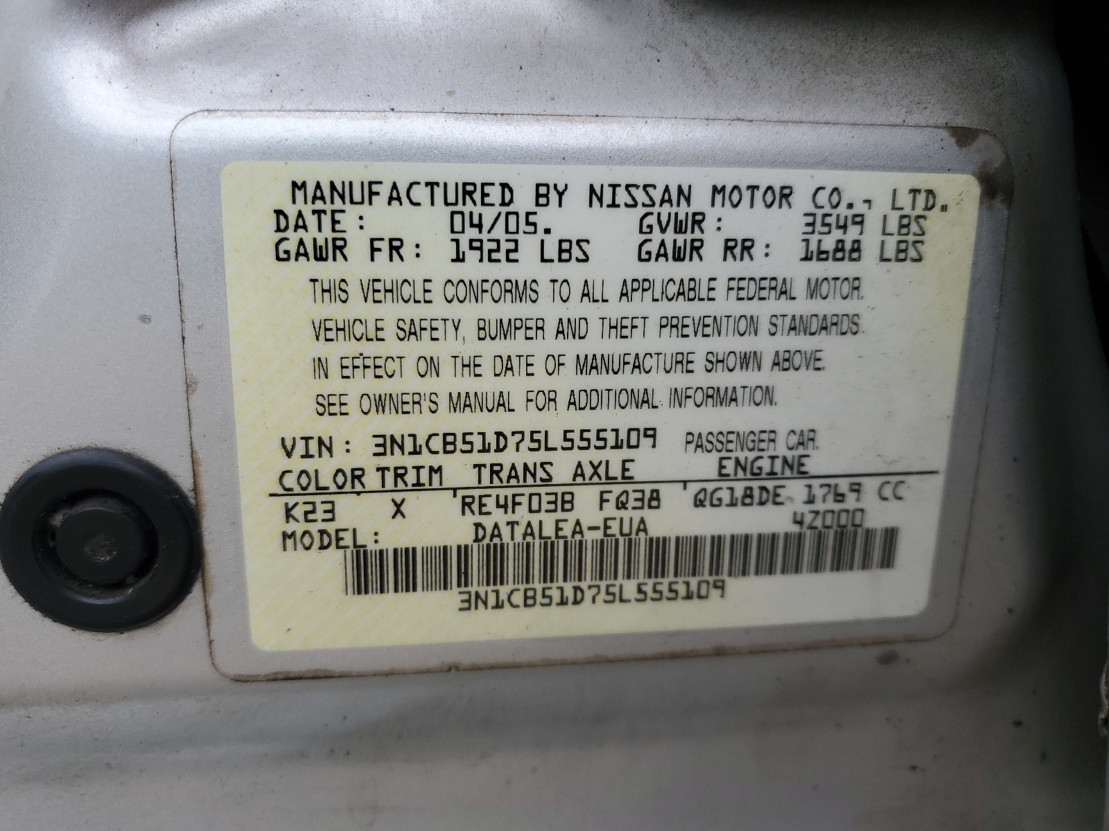 3N1CB51D75L555109 2005 Nissan Sentra 1.8