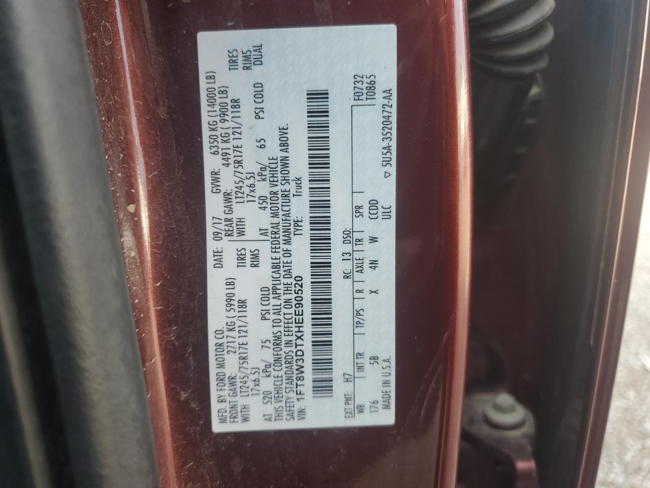 2017 Ford F350 Super Duty VIN: 1FT8W3DTXHEE90520 Lot: 62460104