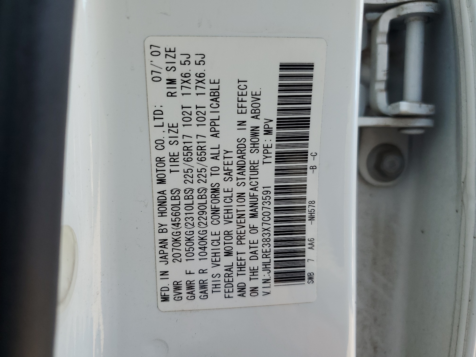 JHLRE383X7C073591 2007 Honda Cr-V Lx