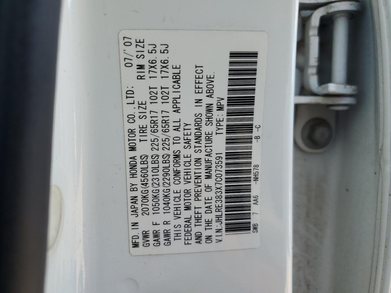 2007 Honda Cr-V Lx VIN: JHLRE383X7C073591 Lot: 62728284