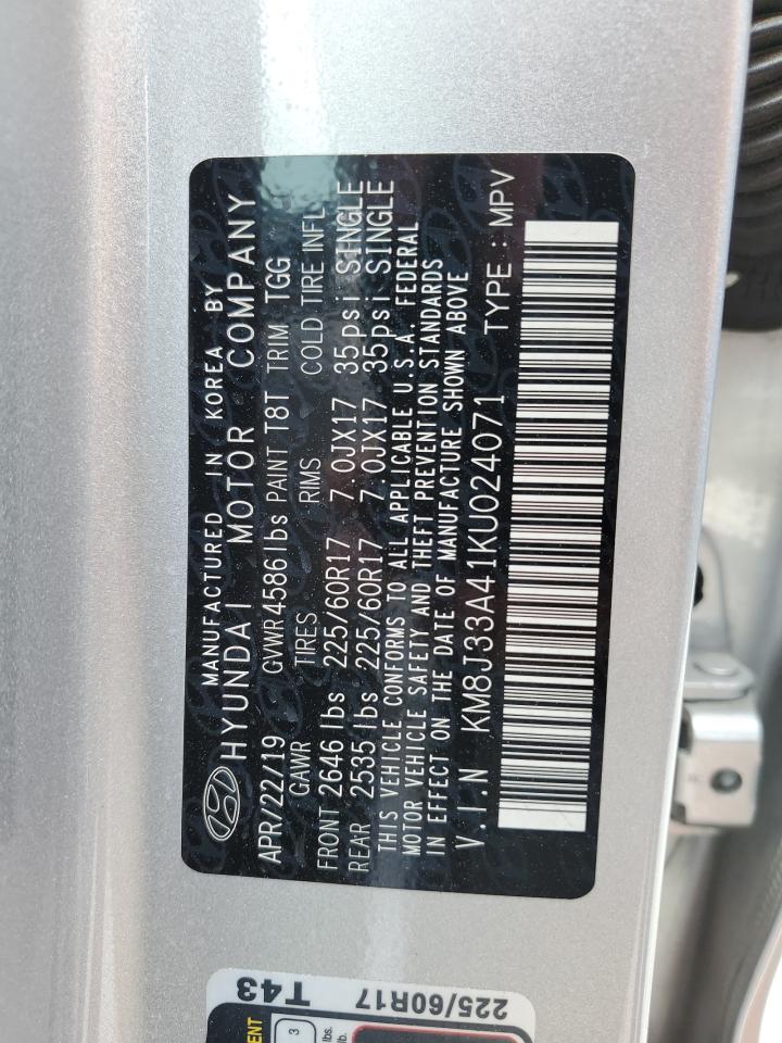 2019 Hyundai Tucson Limited VIN: KM8J33A41KU024071 Lot: 61845404