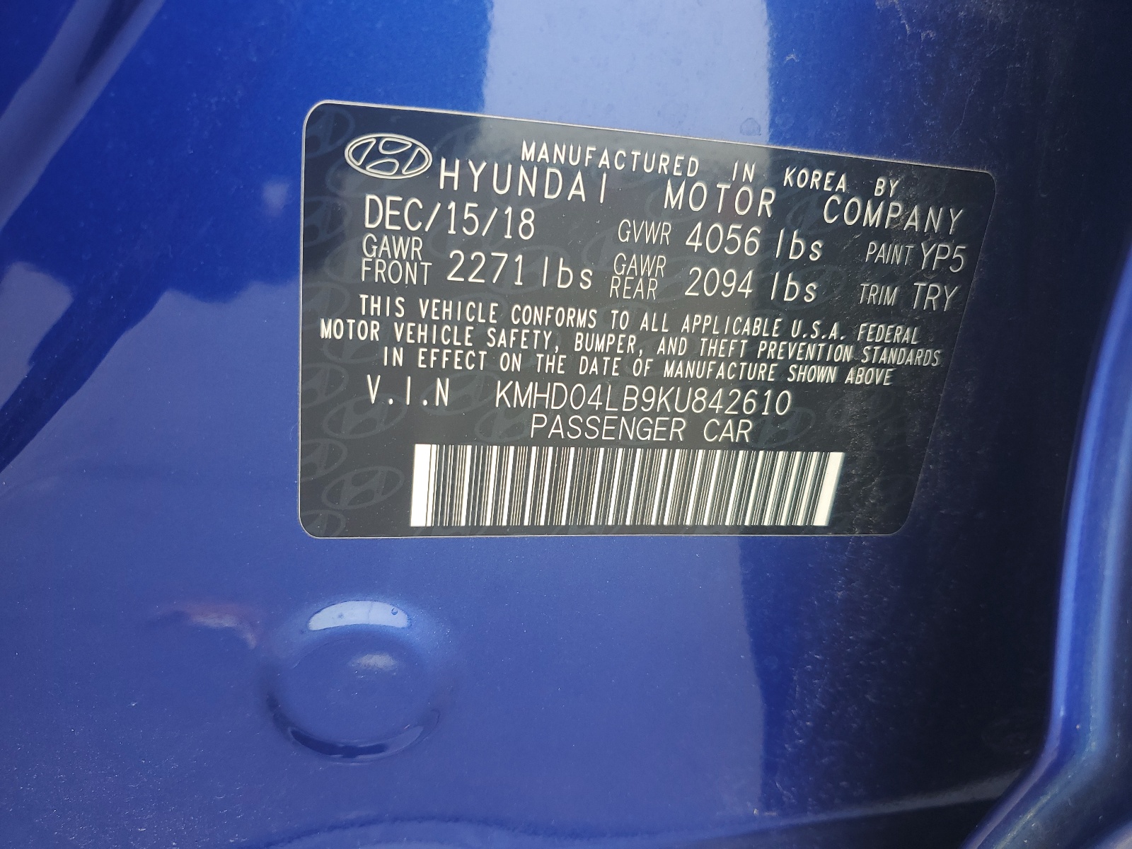 KMHD04LB9KU842610 2019 Hyundai Elantra Sport