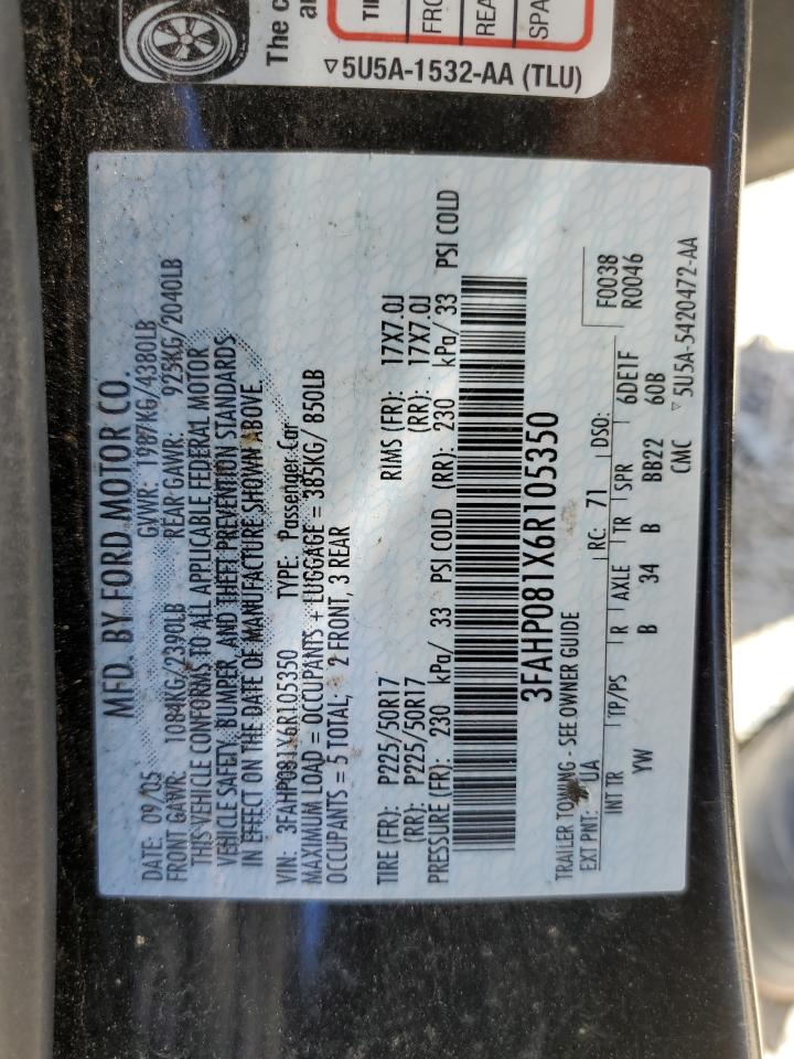 2006 Ford Fusion Sel VIN: 3FAHP081X6R105350 Lot: 64826634