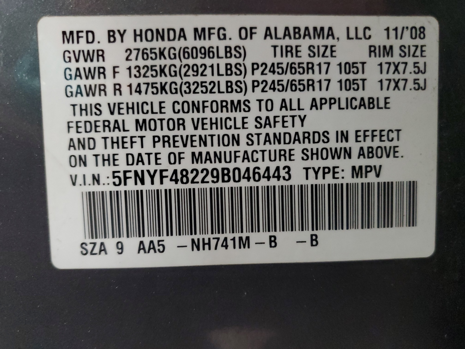 5FNYF48229B046443 2009 Honda Pilot Lx