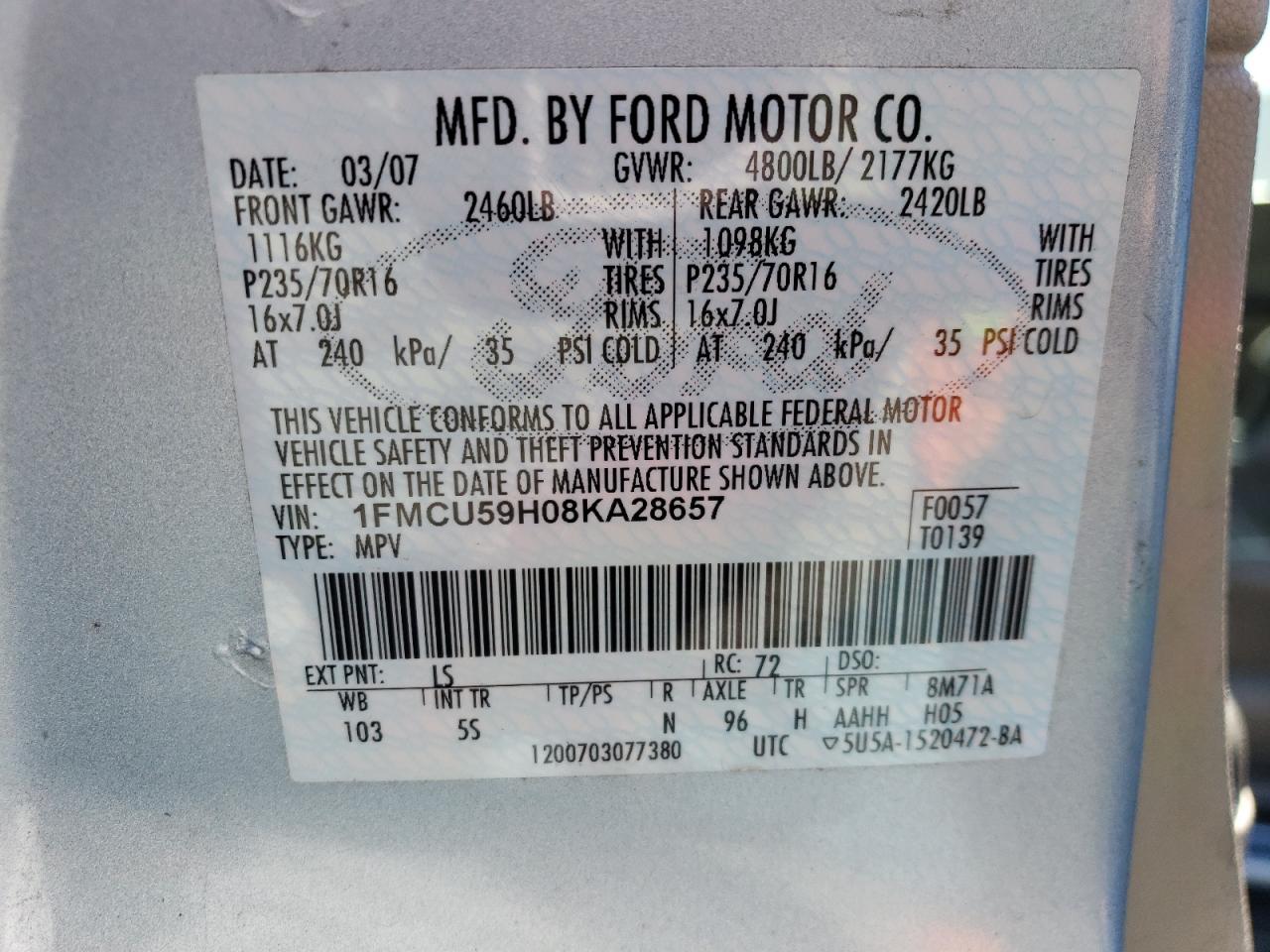 2008 Ford Escape Hev VIN: 1FMCU59H08KA28657 Lot: 64827274
