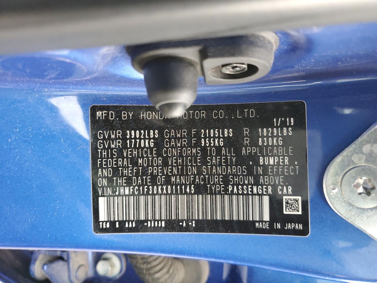 JHMFC1F30KX011145 2019 Honda Civic Ex