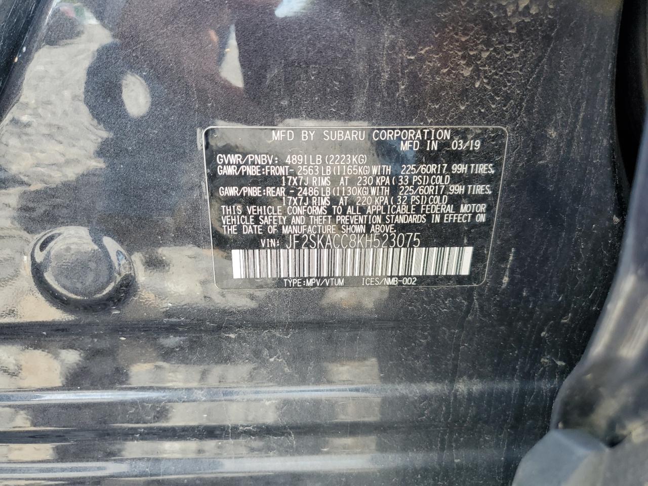 2019 Subaru Forester VIN: JF2SKACC8KH523075 Lot: 63047364