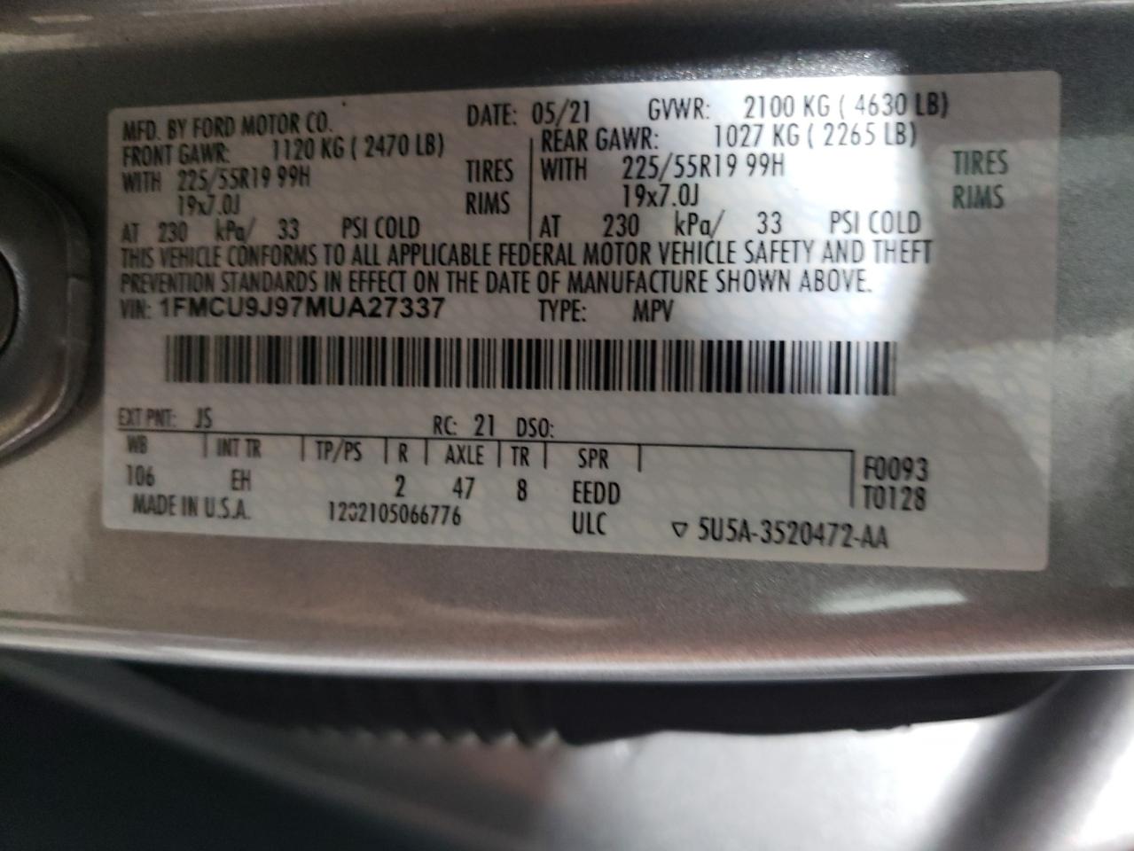2021 Ford Escape Titanium VIN: 1FMCU9J97MUA27337 Lot: 64709414