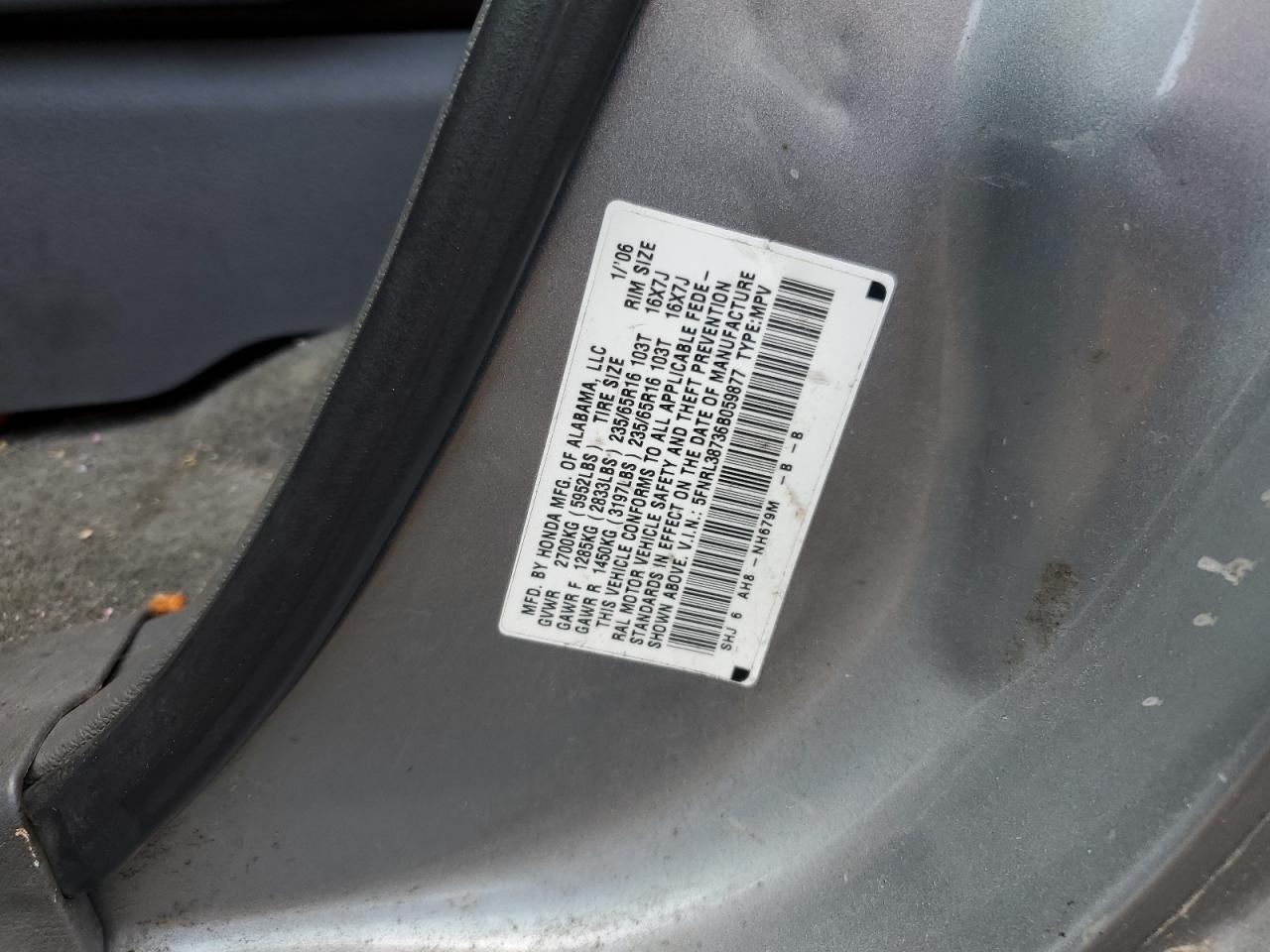 2006 Honda Odyssey Exl VIN: 5FNRL38736B059877 Lot: 64784754