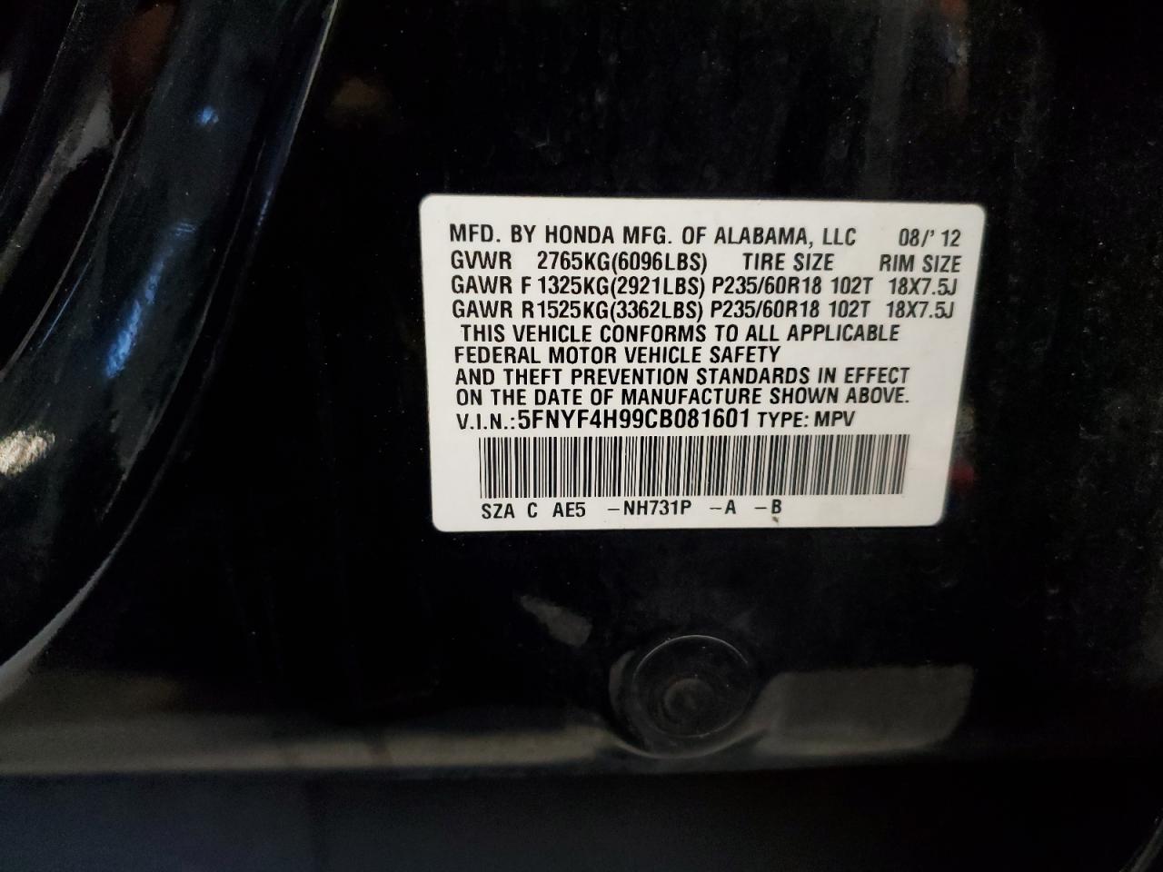 2012 Honda Pilot Touring VIN: 5FNYF4H99CB081601 Lot: 64554014