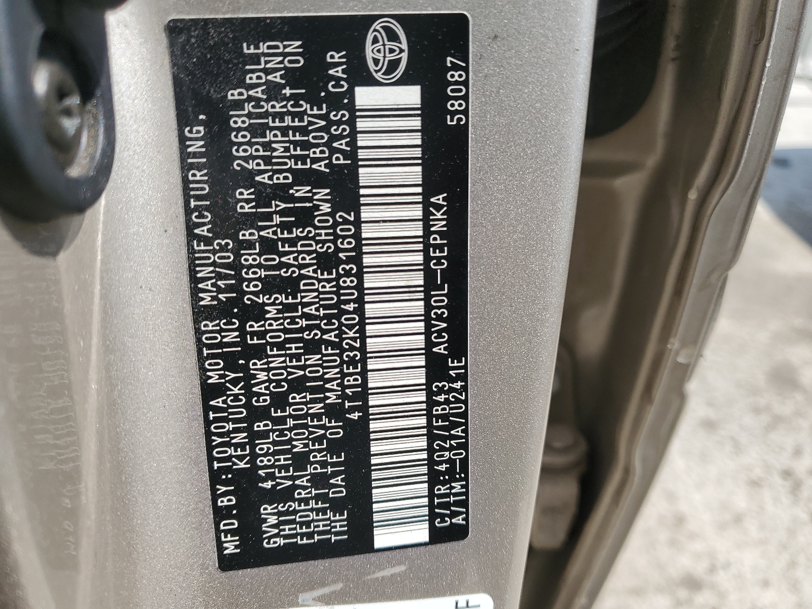 4T1BE32K04U831602 2004 Toyota Camry Le