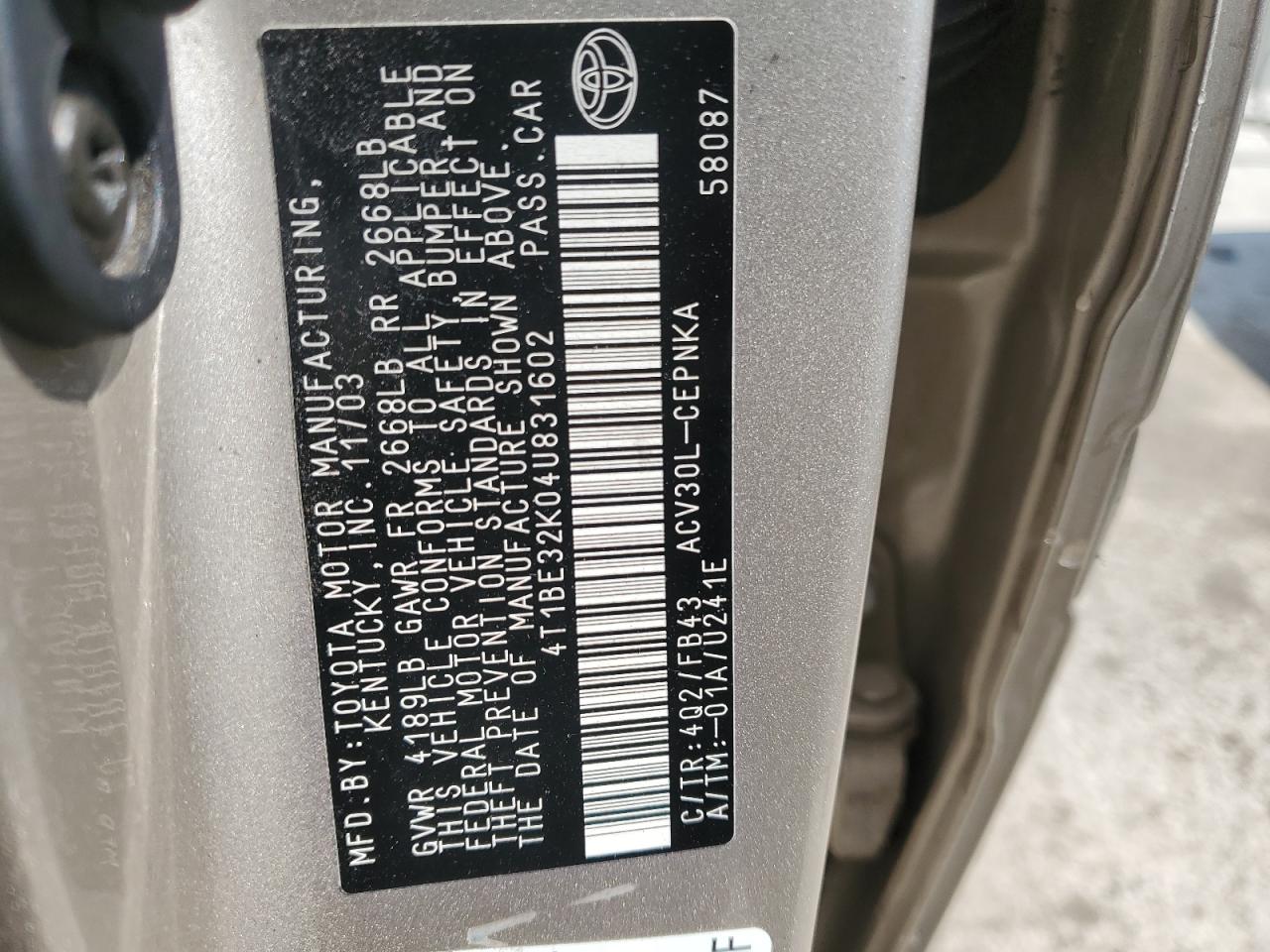 2004 Toyota Camry Le VIN: 4T1BE32K04U831602 Lot: 62742784