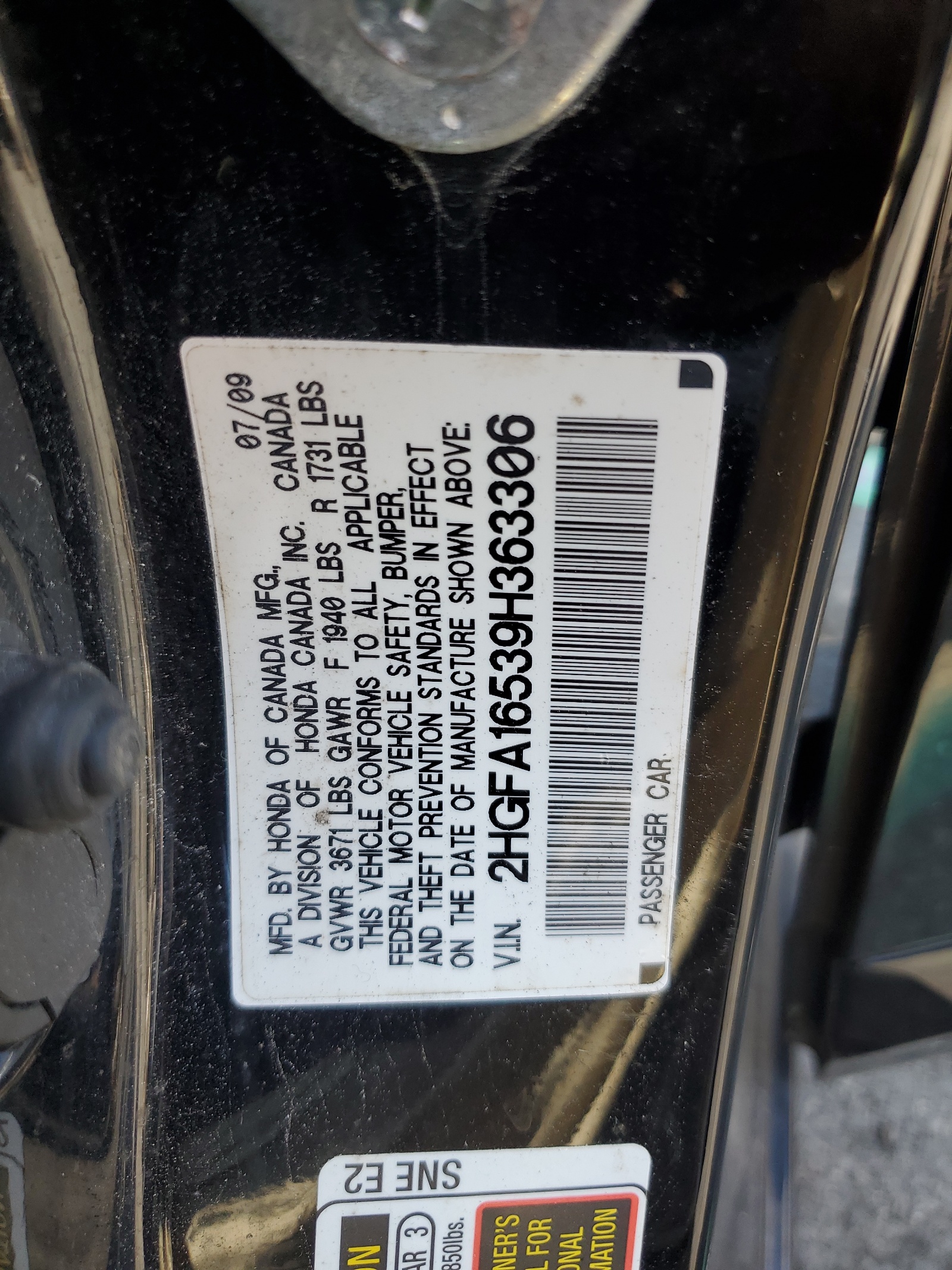 2HGFA16539H363306 2009 Honda Civic Lx