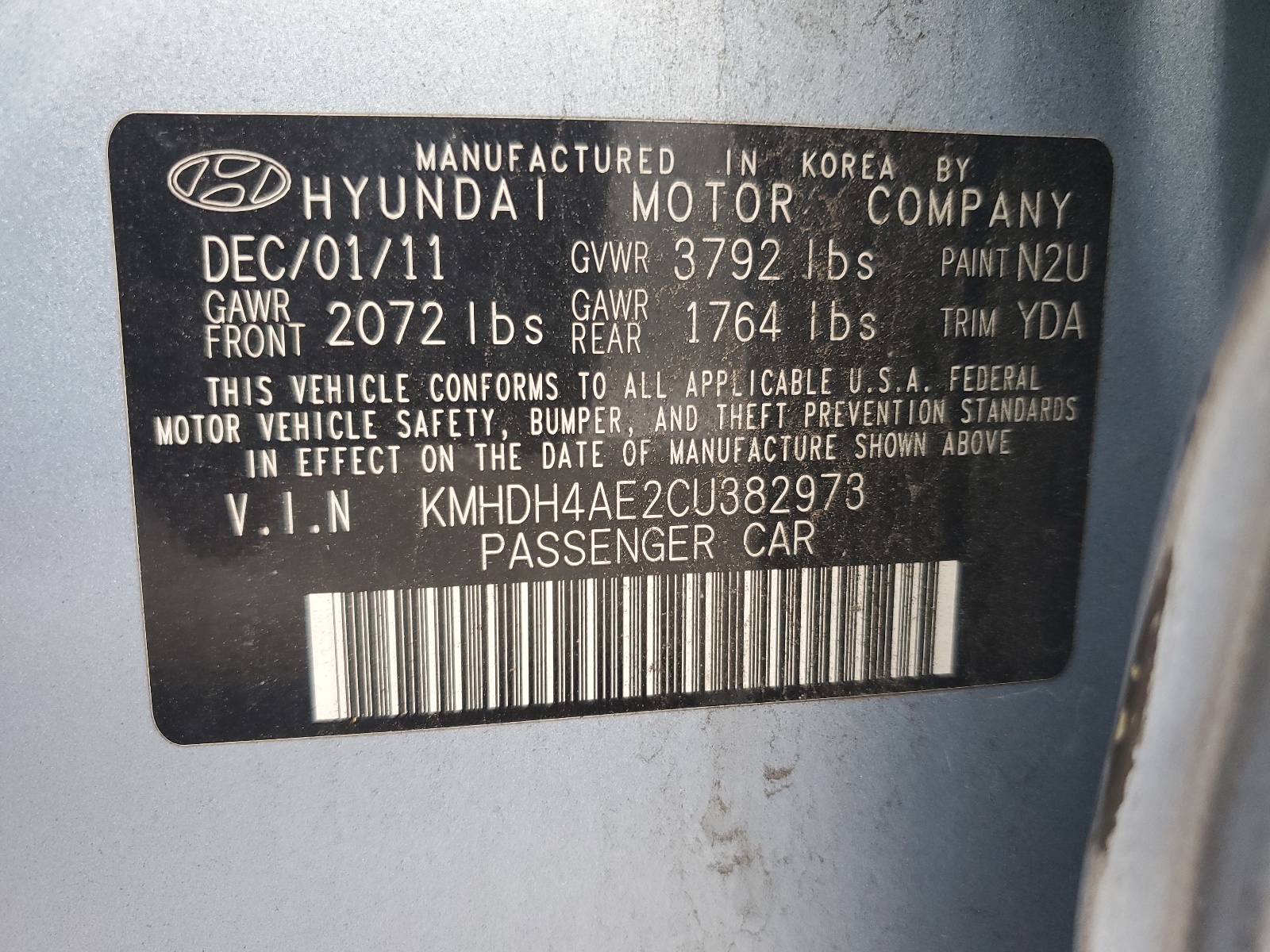 KMHDH4AE2CU382973 2012 Hyundai Elantra Gls
