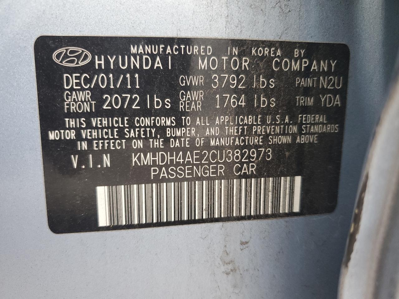 2012 Hyundai Elantra Gls VIN: KMHDH4AE2CU382973 Lot: 62086584