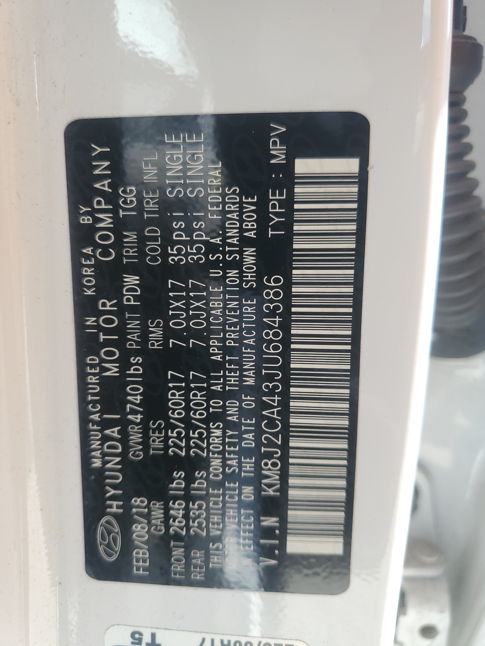 KM8J2CA43JU684386 2018 Hyundai Tucson Se