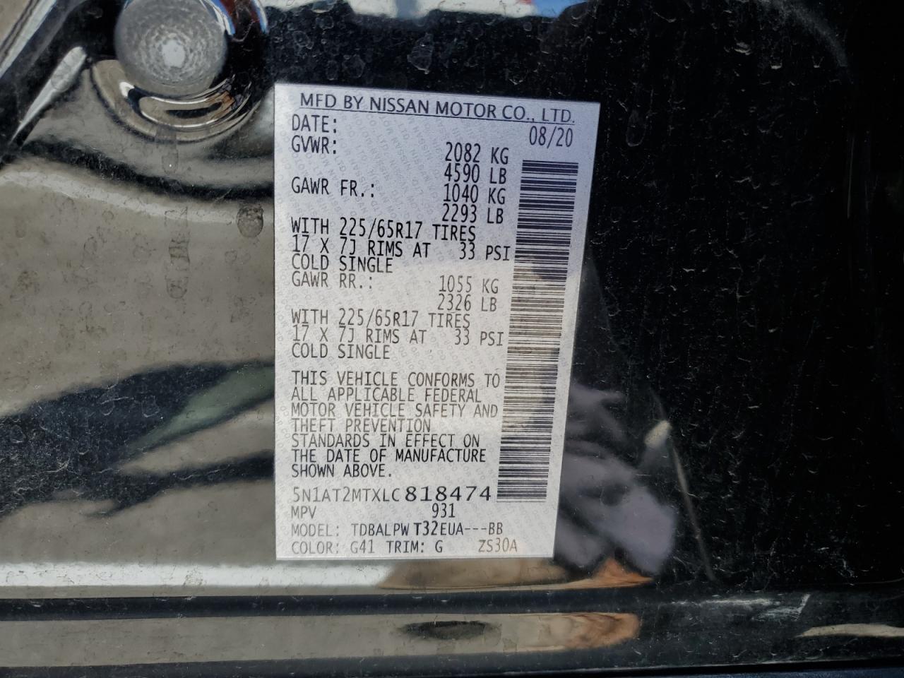 2020 Nissan Rogue S VIN: 5N1AT2MTXLC818474 Lot: 65247714