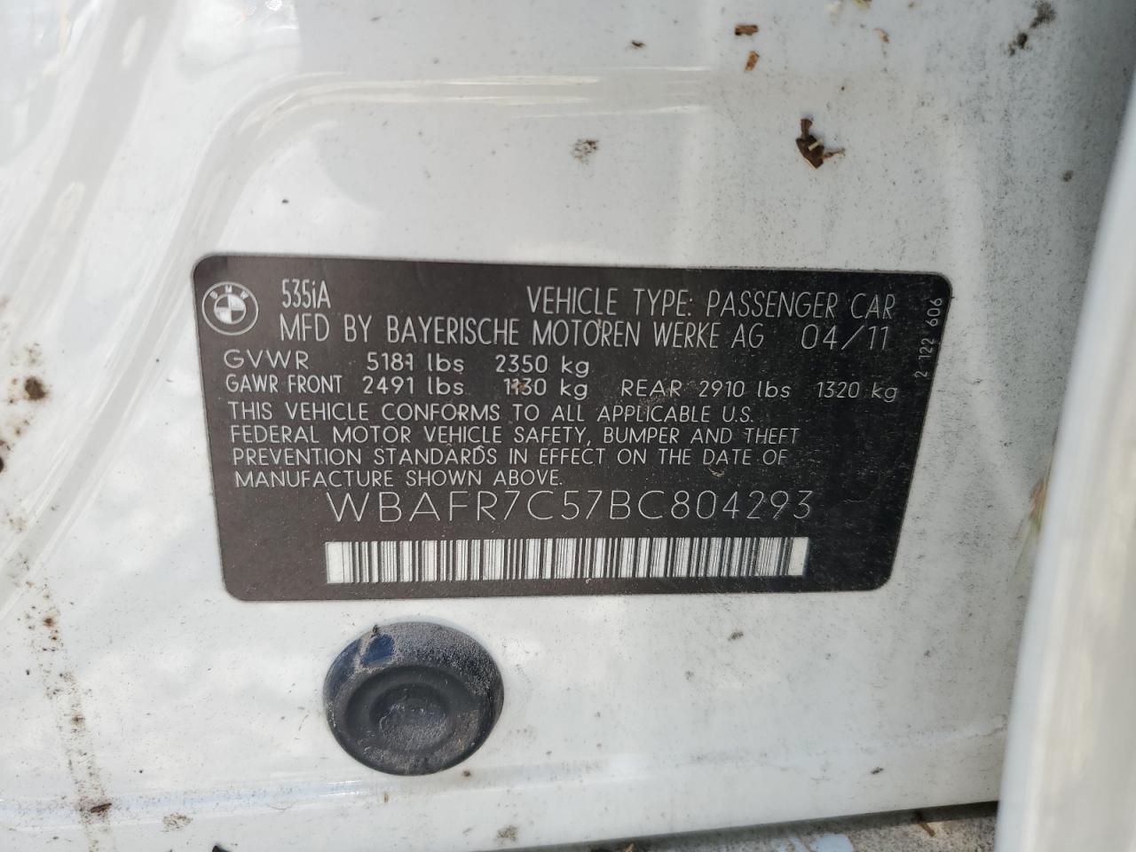 2011 BMW 535 I VIN: WBAFR7C57BC804293 Lot: 63823084