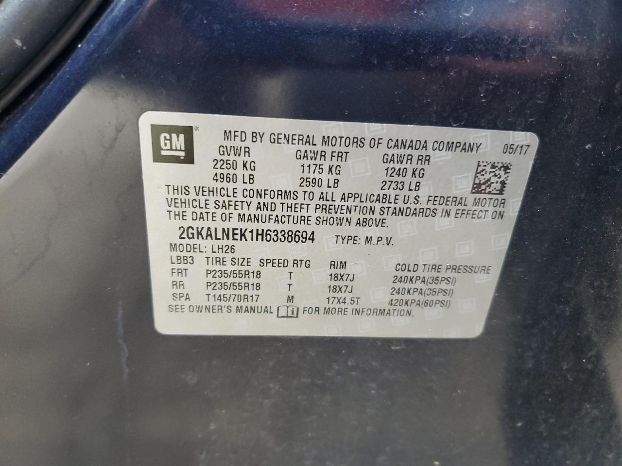 2GKALNEK1H6338694 2017 GMC Terrain Sle