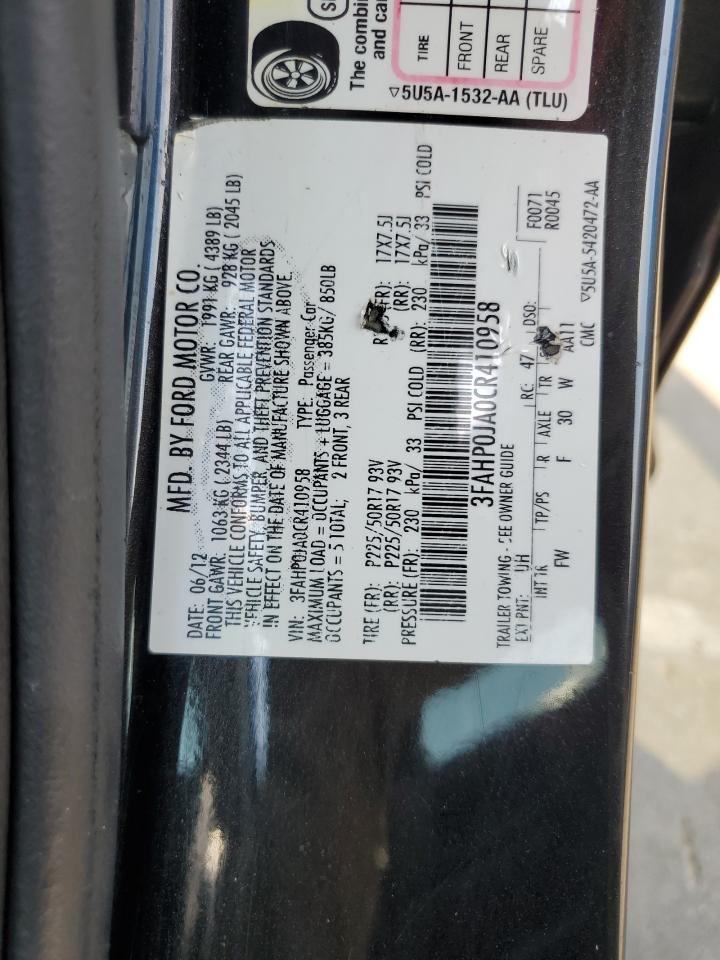 2012 Ford Fusion Sel VIN: 3FAHP0JA0CR410958 Lot: 65449914