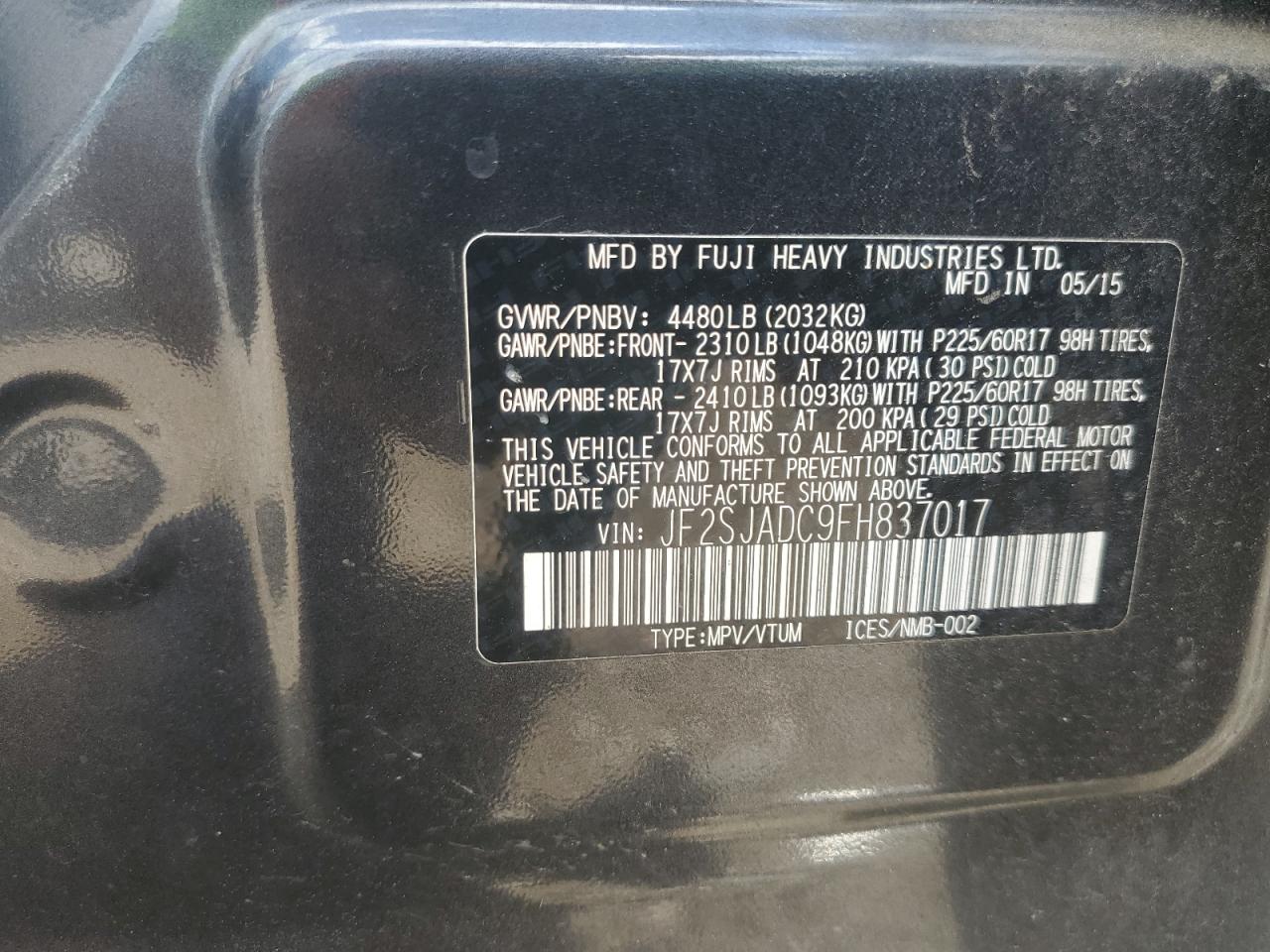 2015 Subaru Forester 2.5I Premium VIN: JF2SJADC9FH837017 Lot: 64153514