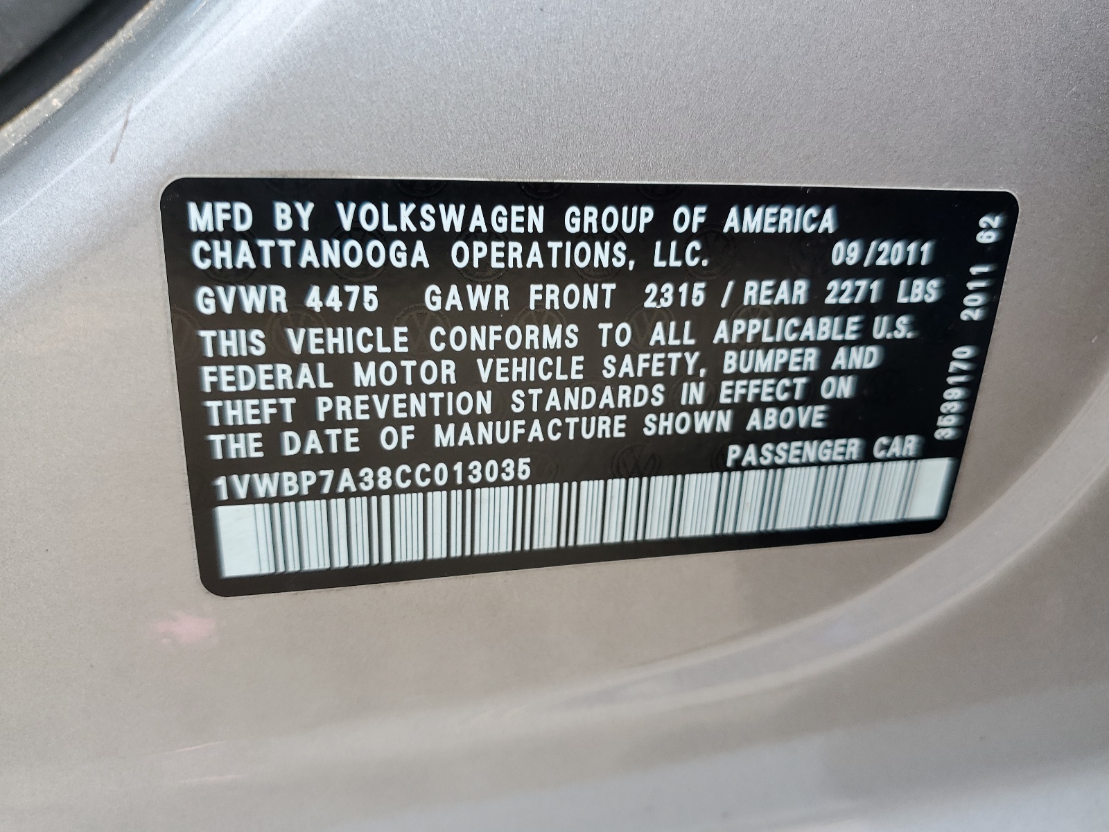 1VWBP7A38CC013035 2012 Volkswagen Passat Se