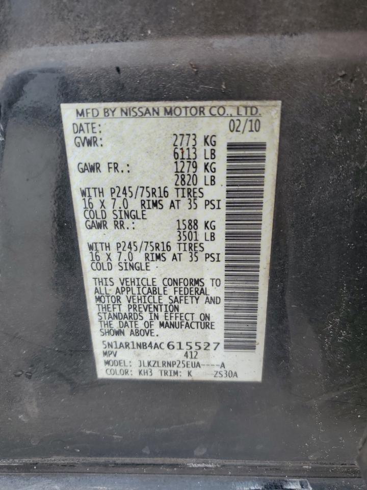 2010 Nissan Pathfinder S VIN: 5N1AR1NB4AC615527 Lot: 62890944