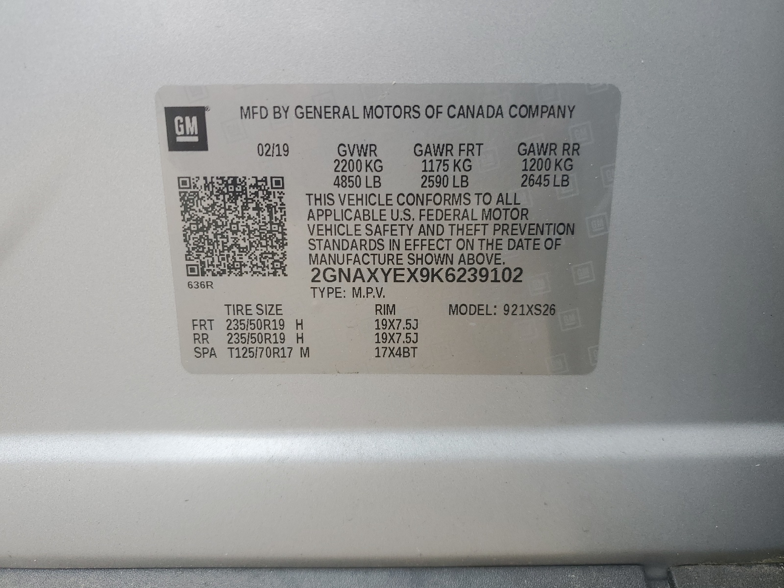 2GNAXYEX9K6239102 2019 Chevrolet Equinox Premier