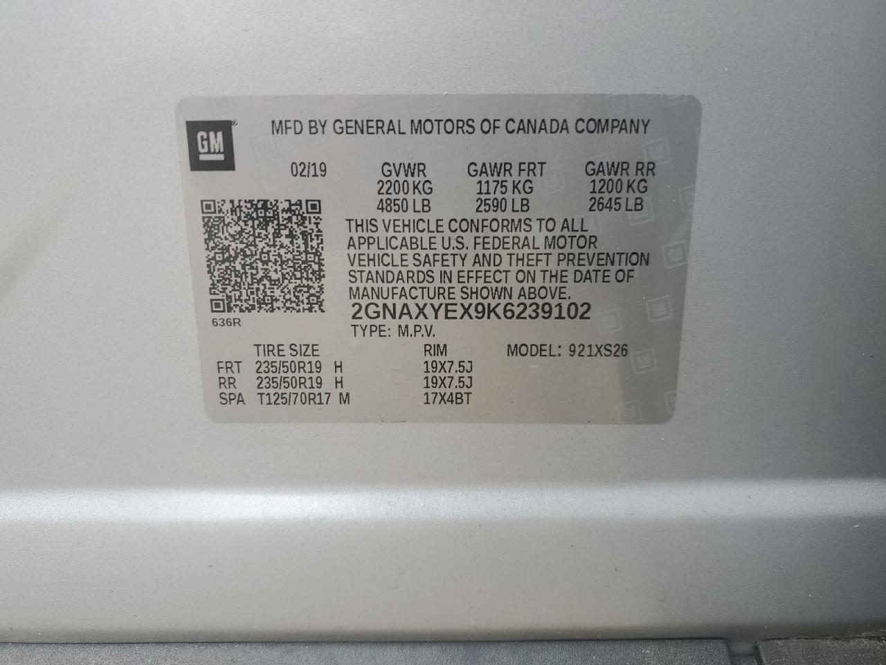 2019 Chevrolet Equinox Premier VIN: 2GNAXYEX9K6239102 Lot: 61981264