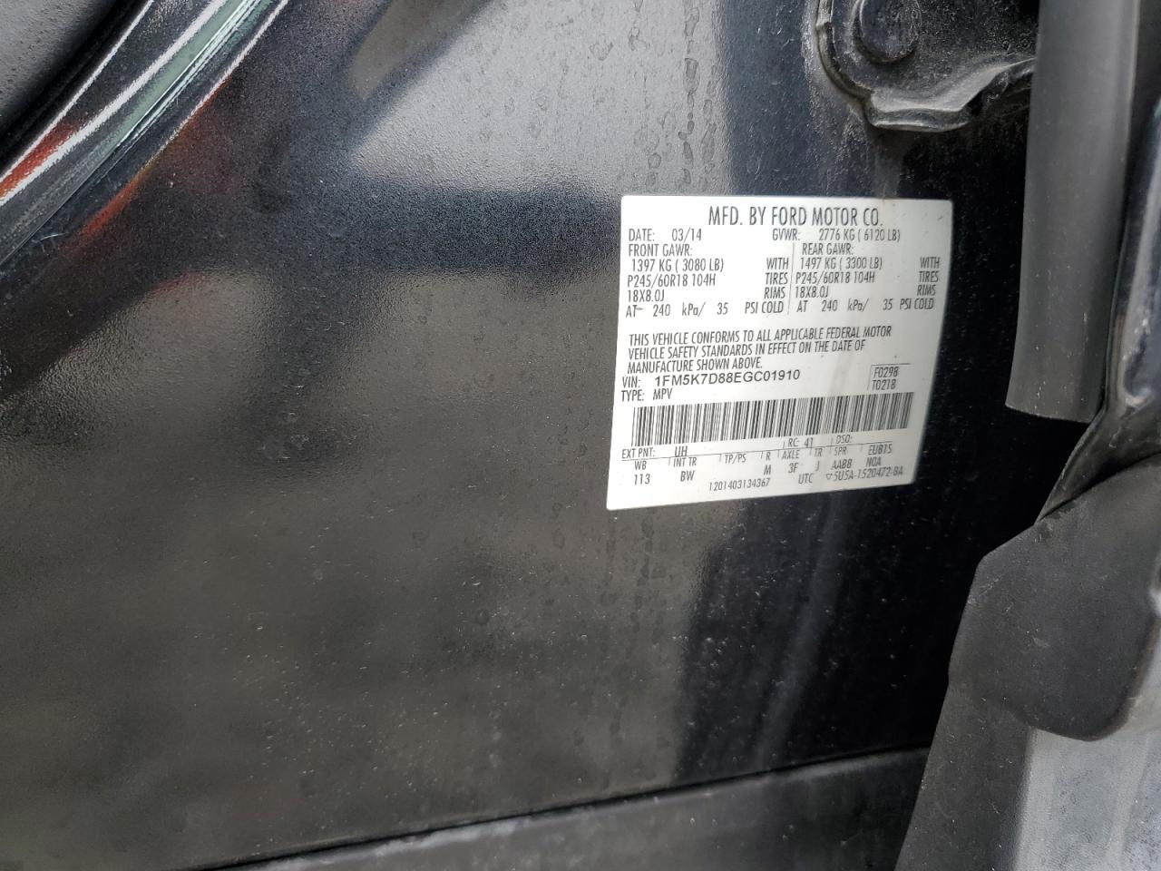 2014 Ford Explorer Xlt VIN: 1FM5K7D88EGC01910 Lot: 63608664