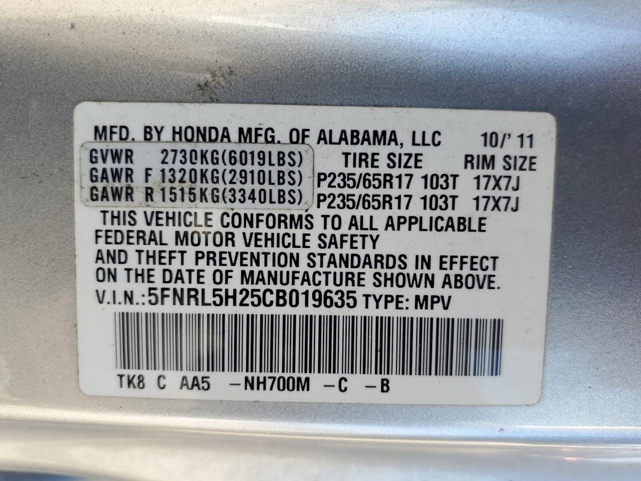 2012 Honda Odyssey Lx VIN: 5FNRL5H25CB019635 Lot: 60991744