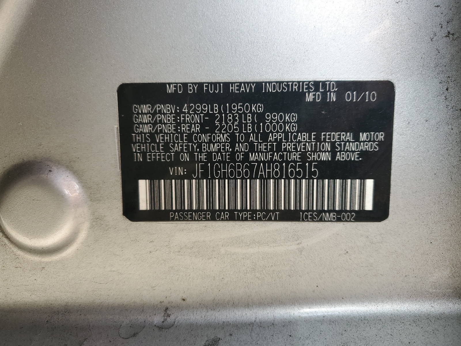 JF1GH6B67AH816515 2010 Subaru Impreza 2.5I Premium