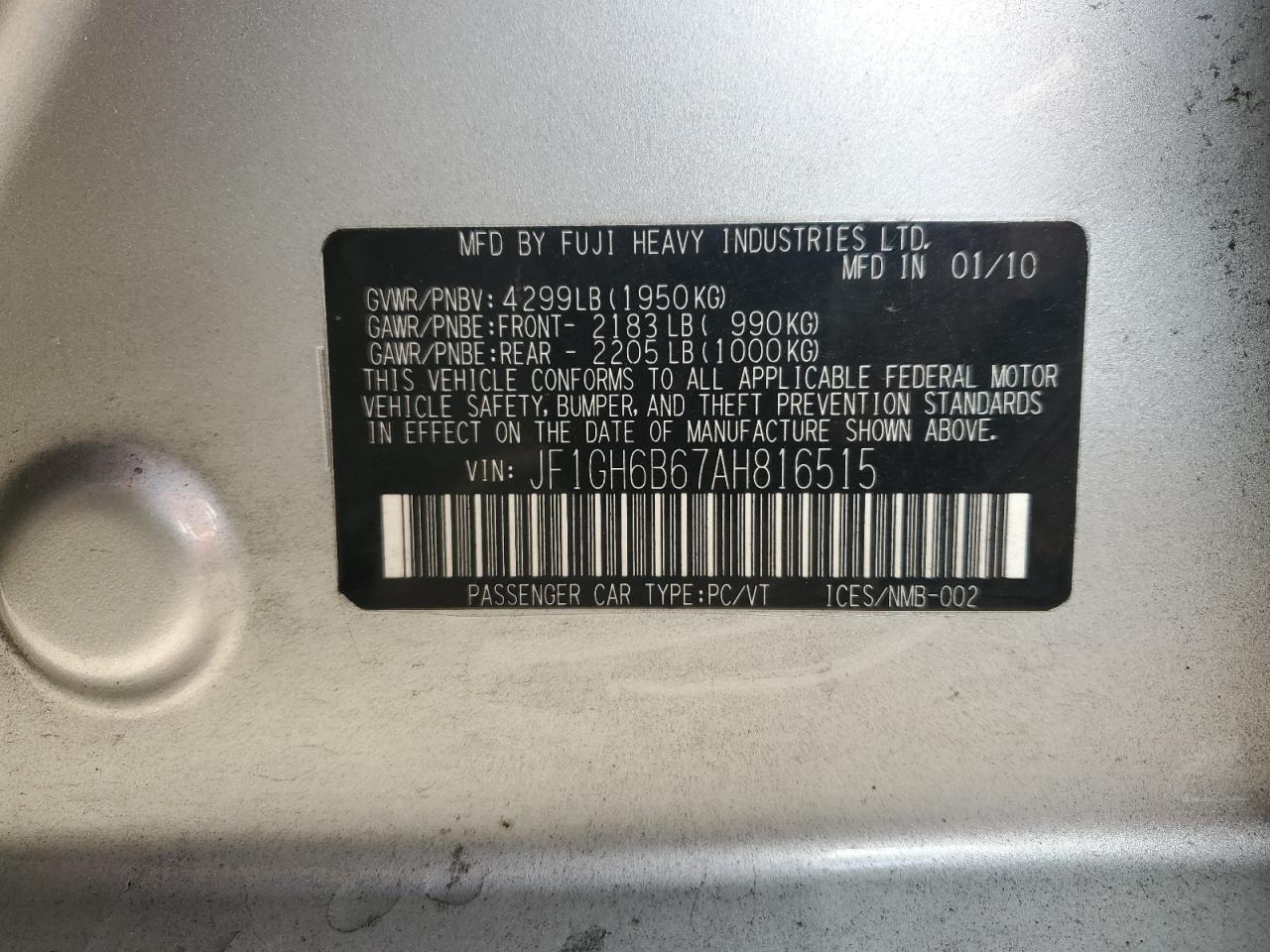 2010 Subaru Impreza 2.5I Premium VIN: JF1GH6B67AH816515 Lot: 62597714