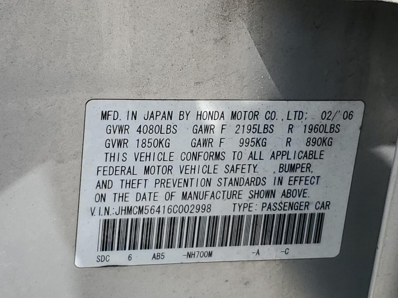 2006 Honda Accord Lx VIN: JHMCM56416C002998 Lot: 64620284