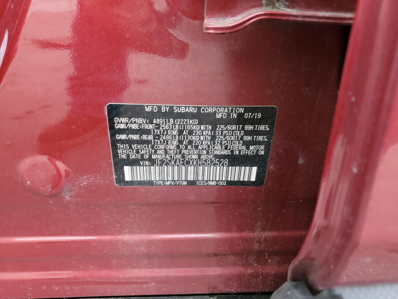 2019 Subaru Forester Premium VIN: JF2SKAECXKH582528 Lot: 64298304